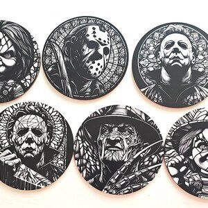Slasher Horror Wooden Cork Coasters Set 6, Jason, Chucky, Freddy, Michael Myers